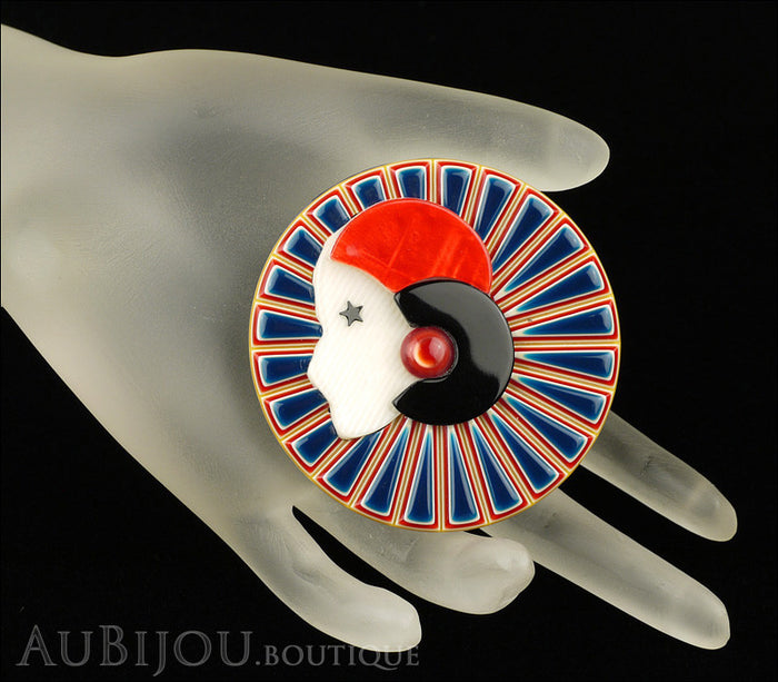 Lea Stein Full Collerette Art Deco Girl Brooch Pin Navy Blue Red Mannequin