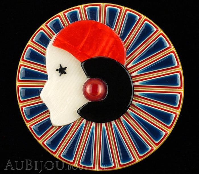 Lea Stein Full Collerette Art Deco Girl Brooch Pin Navy Blue Red Black