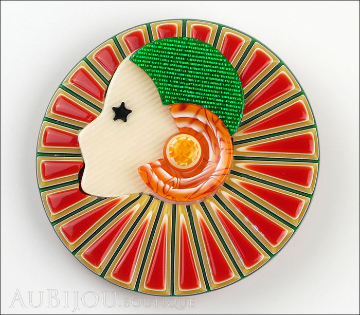 Lea Stein Full Collerette Art Deco Girl Brooch Pin Red Green Front