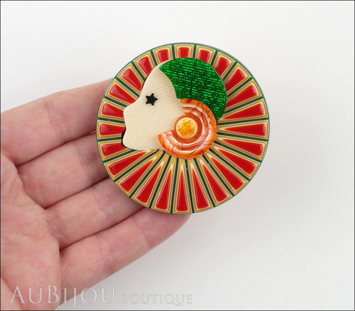 Lea Stein Full Collerette Art Deco Girl Brooch Pin Red Green Model