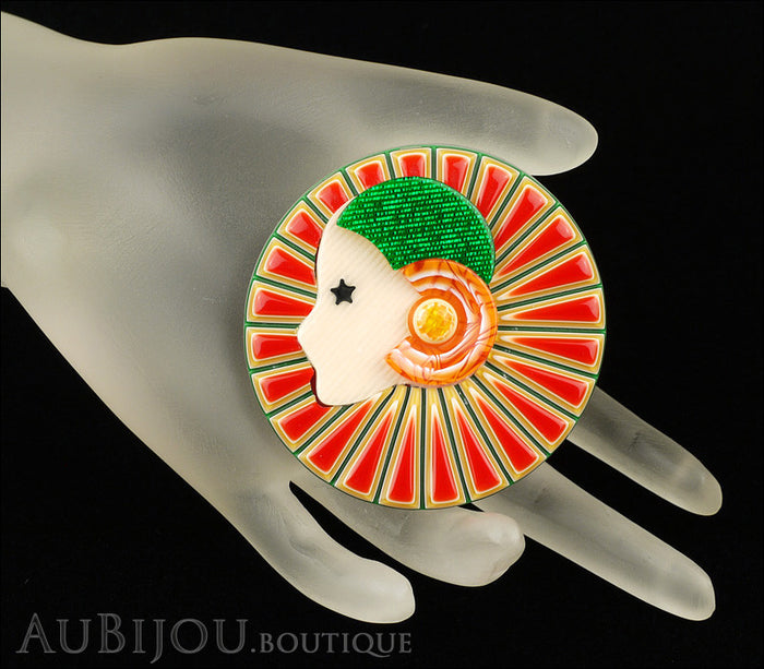Lea Stein Full Collerette Art Deco Girl Brooch Pin Red Green Mannequin