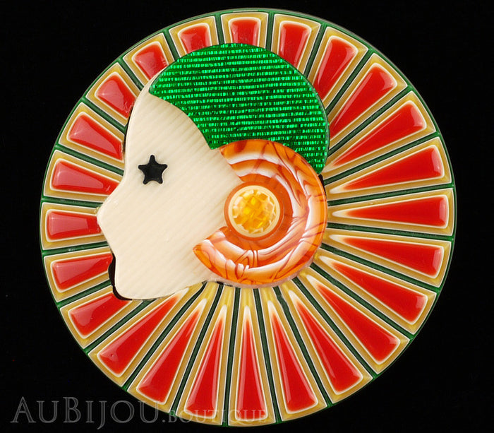 Lea Stein Full Collerette Art Deco Girl Brooch Pin Red Green Black