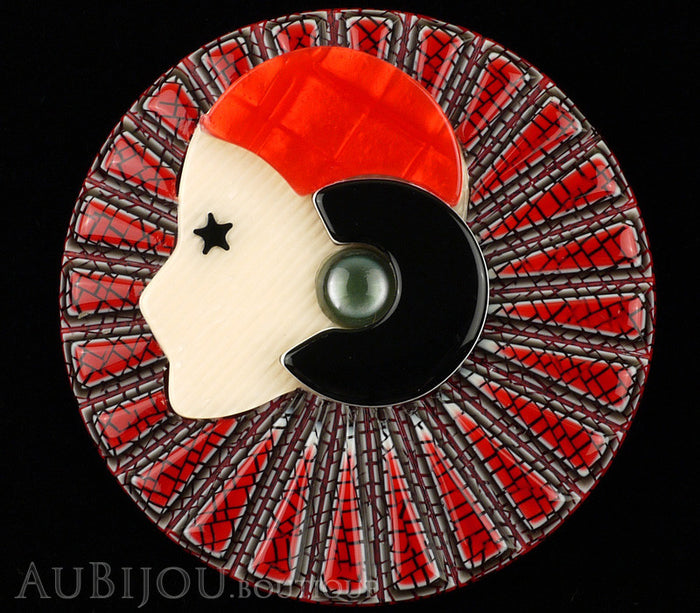 Lea Stein Full Collerette Art Deco Girl Brooch Pin Red Grey Black
