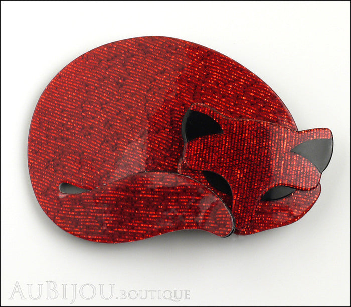 Lea Stein Gomina The Sleeping Cat Brooch Pin Red Black Front