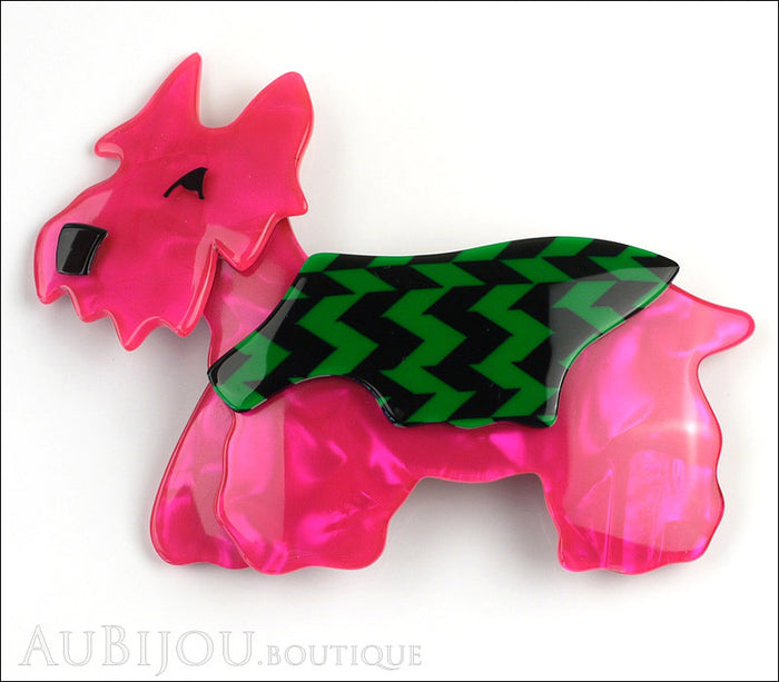Lea Stein Kimdoo Dog Scottish Terrier Brooch Pin Fuchsia Green Black Front