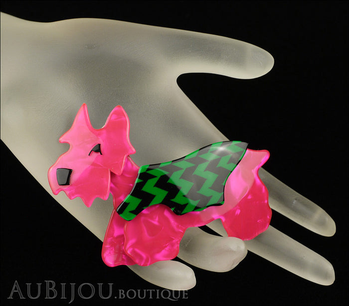 Lea Stein Kimdoo Dog Scottish Terrier Brooch Pin Fuchsia Green Black Mannequin