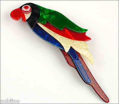 Lea Stein Kokokah The Parrot Brooch Pin Green Red Black Blue Front