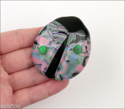 Lea Stein Lady Bug Brooch Pin Pink Green Black