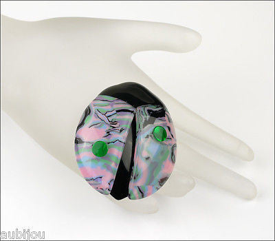 Lea Stein Lady Bug Brooch Pin Pink Green Black