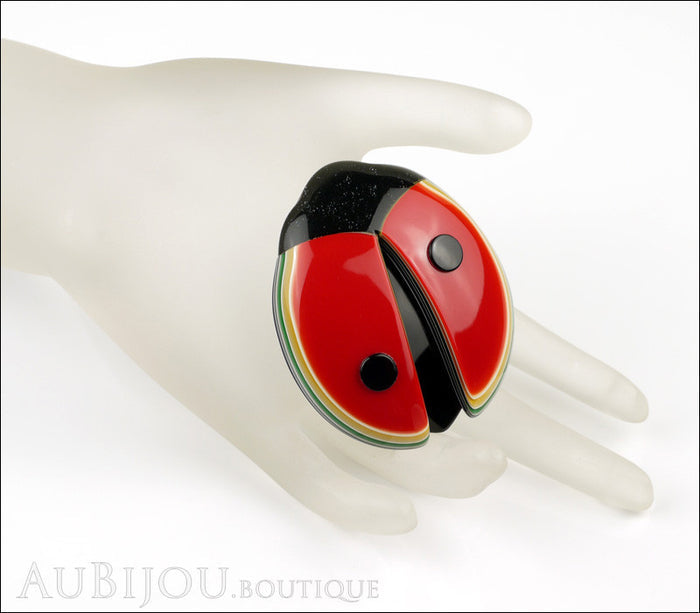 Lea Stein Lady Bug Brooch Pin Red Black Multicolor Trim Mannequin
