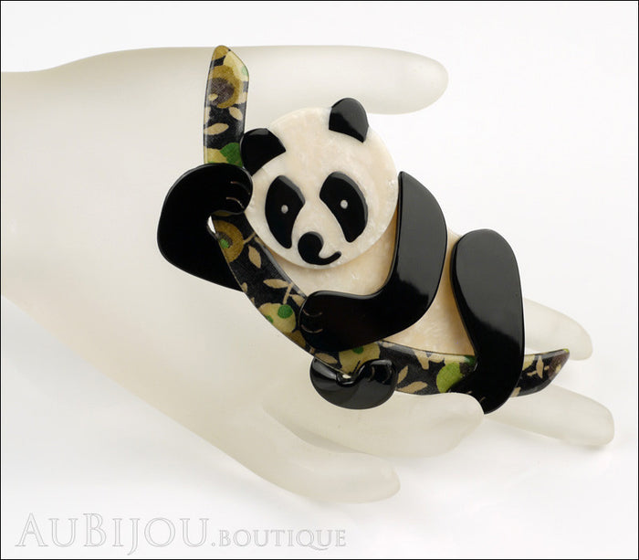 Lea Stein Panda Bear Brooch Pin Cream Black Floral 2 Mannequin