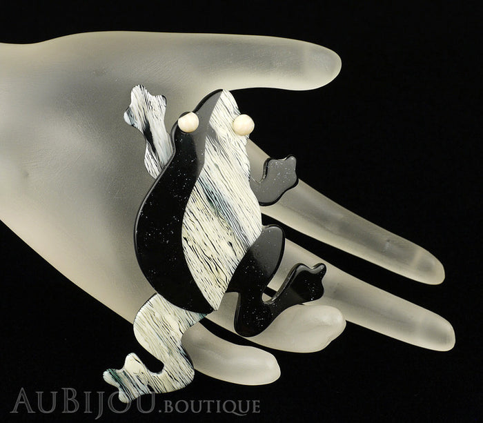 Lea Stein Rhana The Leaping Frog Brooch Pin Black Grey Mannequin