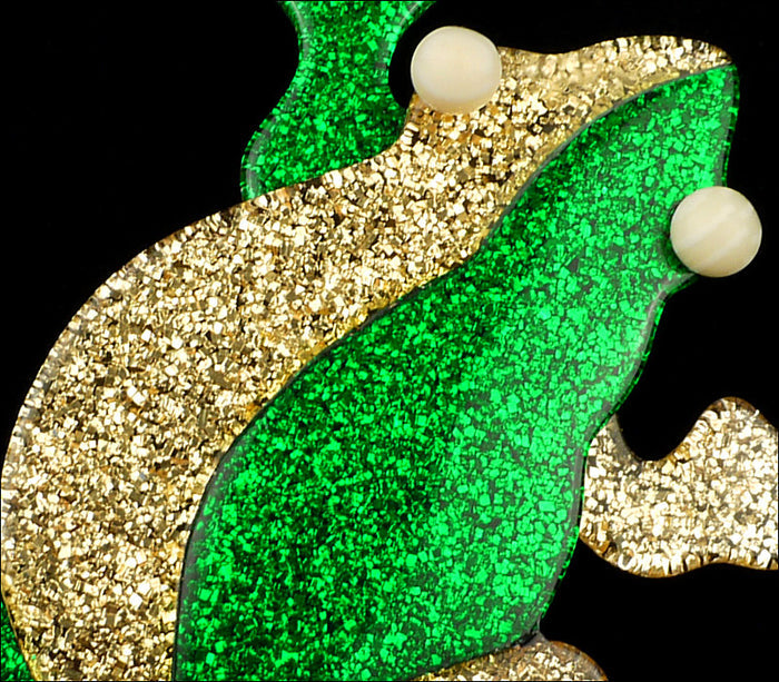 Lea Stein Rhana The Leaping Frog Brooch Pin Green Gold Flake