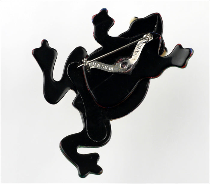Lea Stein Rhana The Leaping Frog Brooch Pin Green Gold Flake
