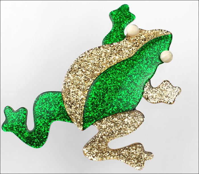 Lea Stein Rhana The Leaping Frog Brooch Pin Green Gold Flake