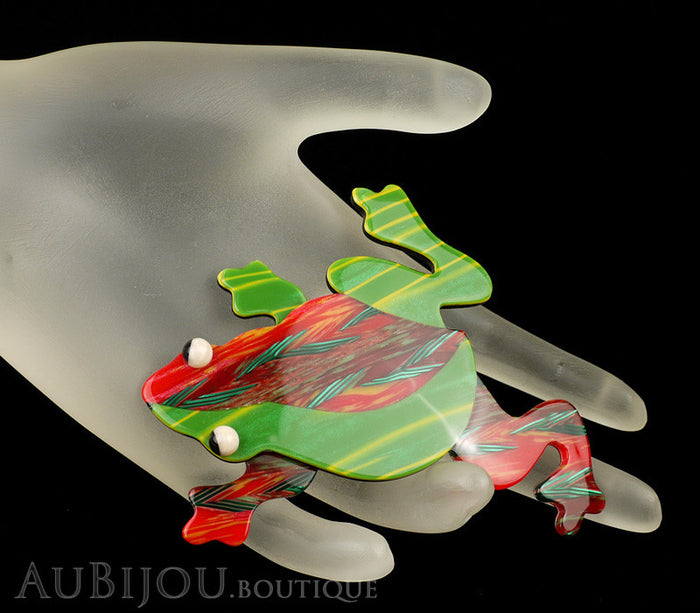 Lea Stein Rhana The Leaping Frog Green Brooch Pin Green Red Mannequin