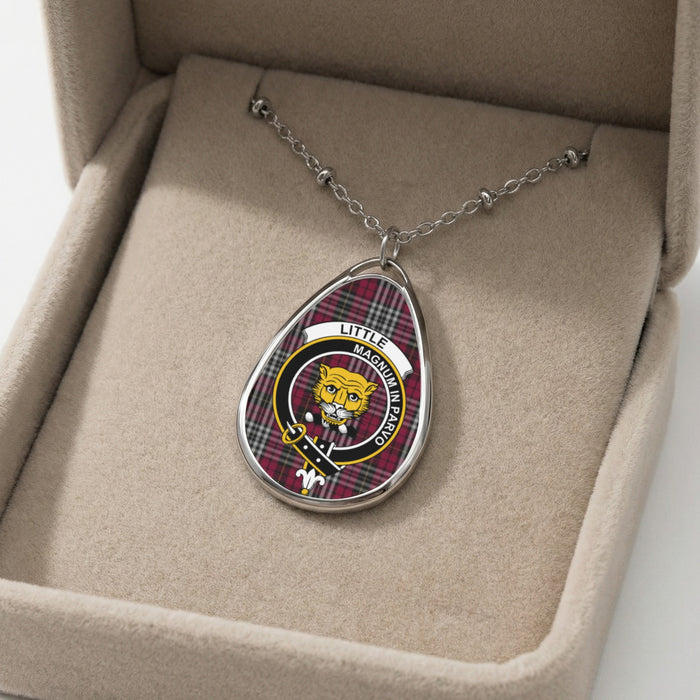 Little clan tartan necklace showing clan crest and motto detail