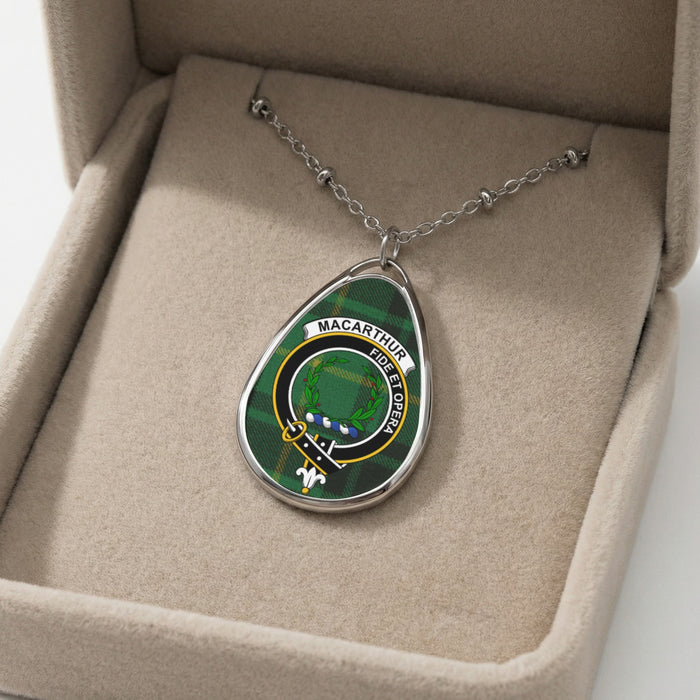 MacArthur clan tartan necklace showing clan crest and motto detail