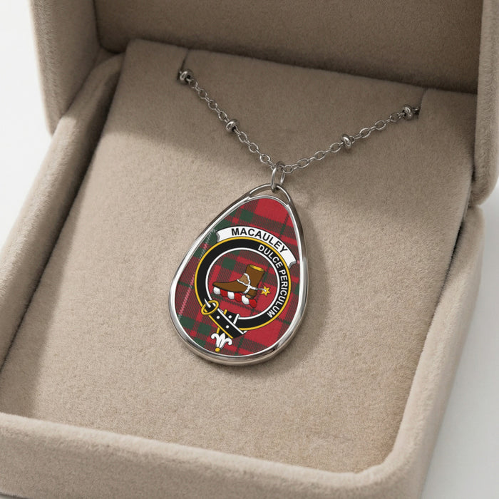 Macaulay clan tartan necklace showing clan crest and motto detail