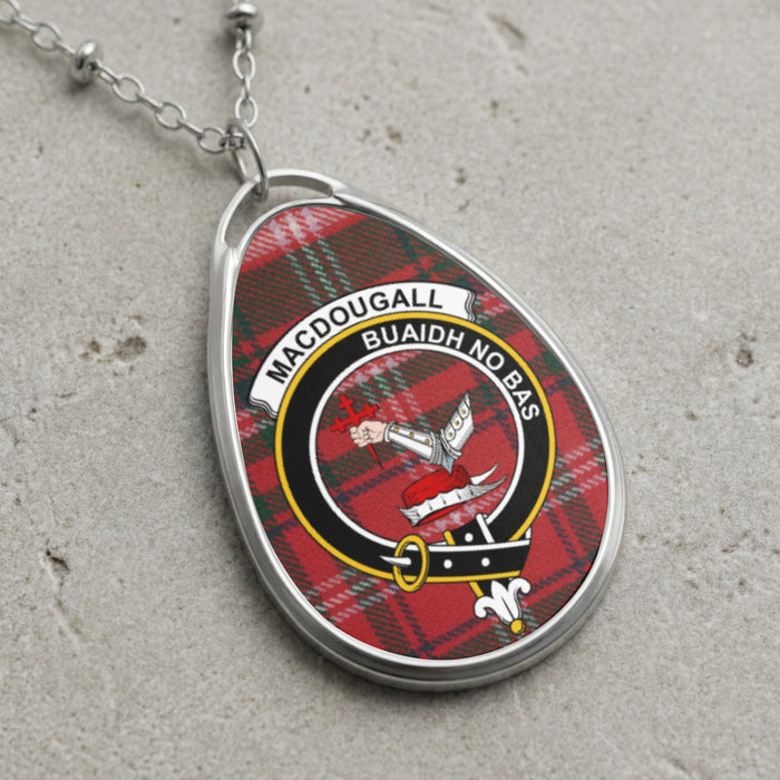 MacDougall clan Scottish tartan necklace with clan crest and Buaidh No Bas motto on tartan background