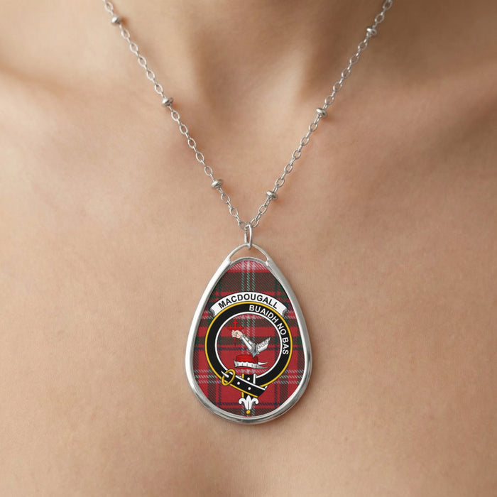 Close-up of MacDougall clan tartan pendant necklace with crest design