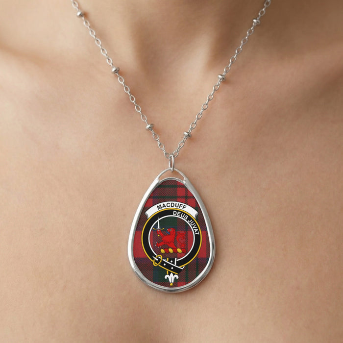 Close-up of Macduff clan tartan pendant necklace with crest design