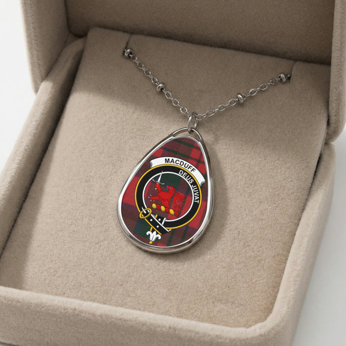 Macduff clan tartan necklace showing clan crest and motto detail