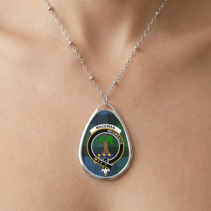 Close-up of MacEwan clan tartan pendant necklace with crest design