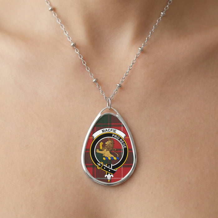 Close-up of Macfie clan tartan pendant necklace with crest design
