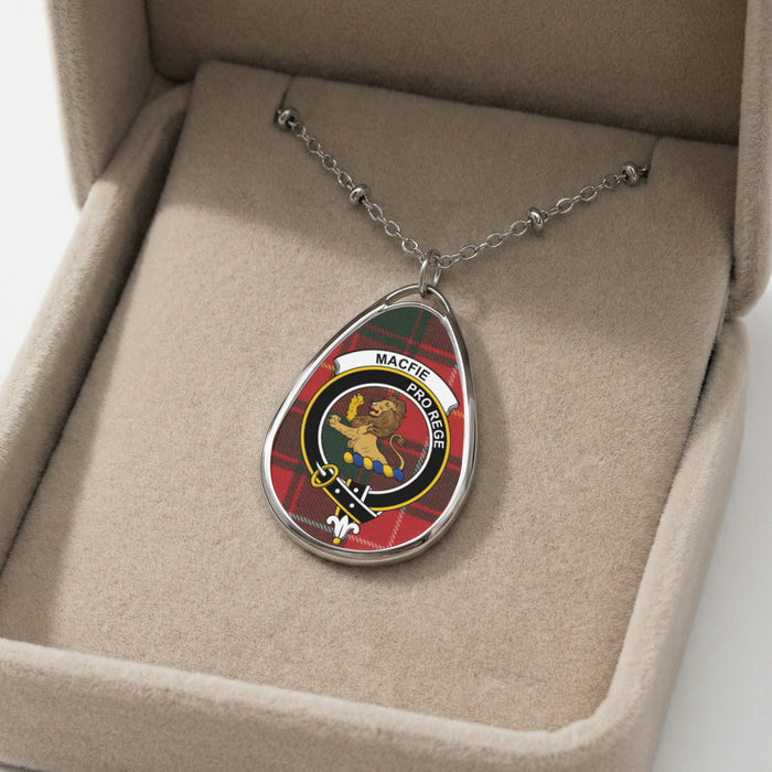 Macfie clan tartan necklace showing clan crest and Pro Rege motto detail