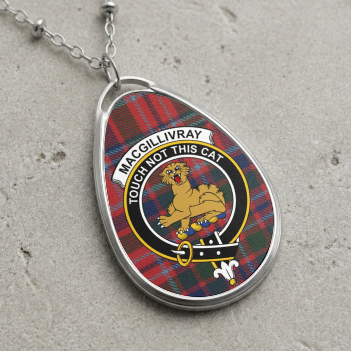 Macgillivray clan Scottish tartan necklace with clan crest and Touch Not This Cat motto on tartan background