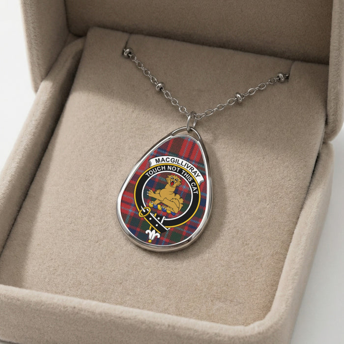 Macgillivray clan tartan necklace showing clan crest and motto detail