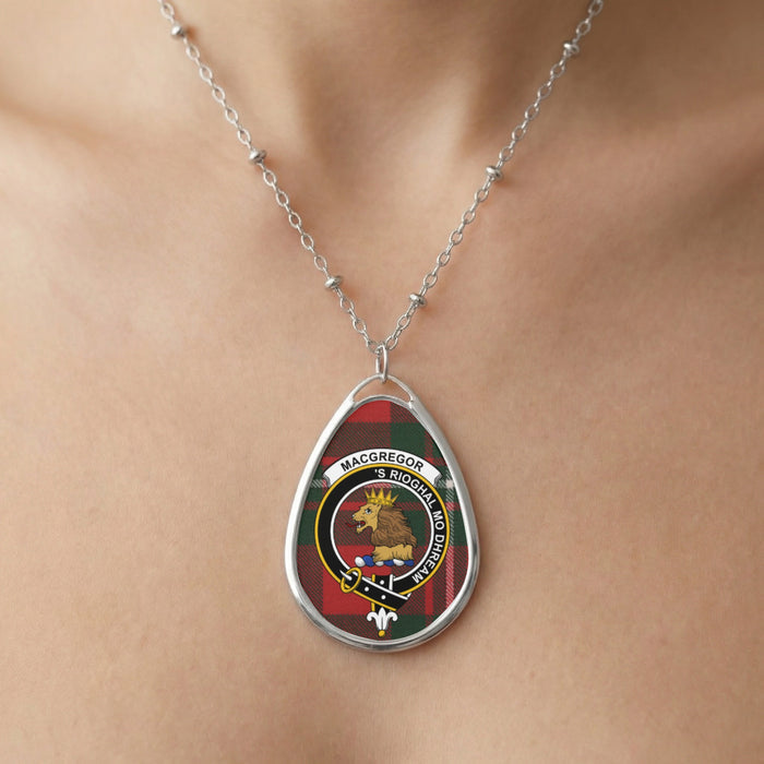 Close-up of MacGregor clan tartan pendant necklace with crest design