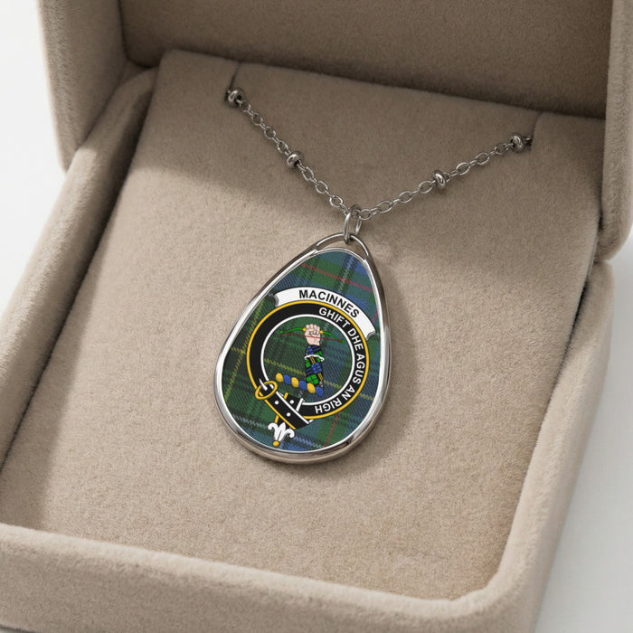 MacInnes clan tartan necklace showing clan crest and motto detail