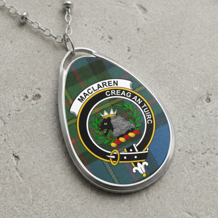 MacLaren clan Scottish tartan necklace with clan crest and Creag an Tuirc slogan on tartan background