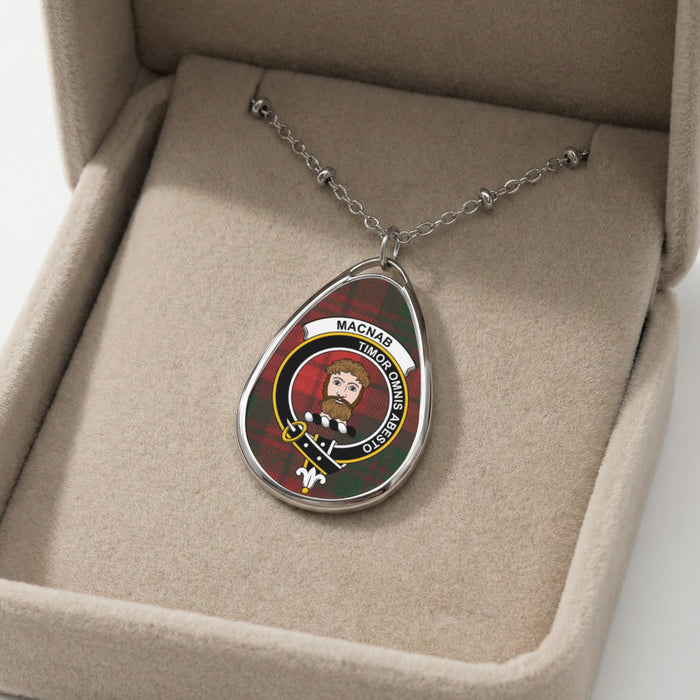 Macnab clan tartan necklace showing clan crest and motto detail
