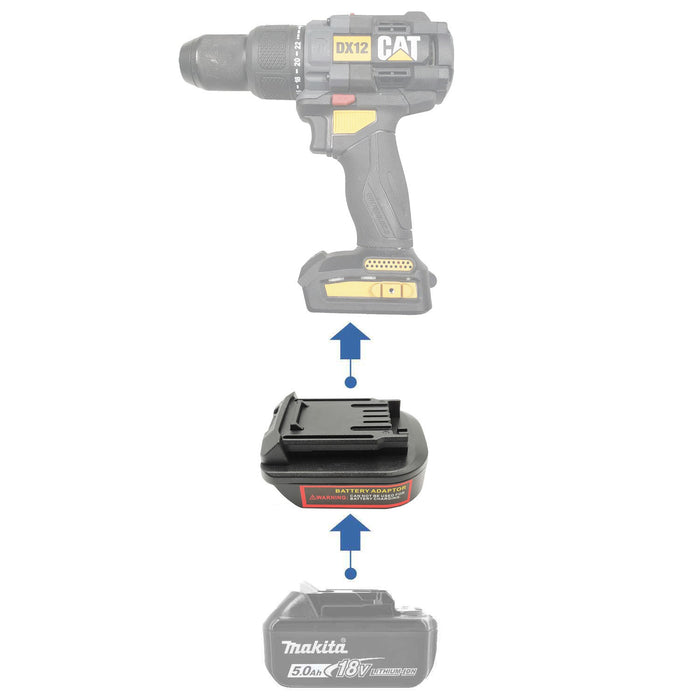 Makita 18V LXT to CAT 18V battery adapter - compatibility diagram showing battery, adapter and drill driver