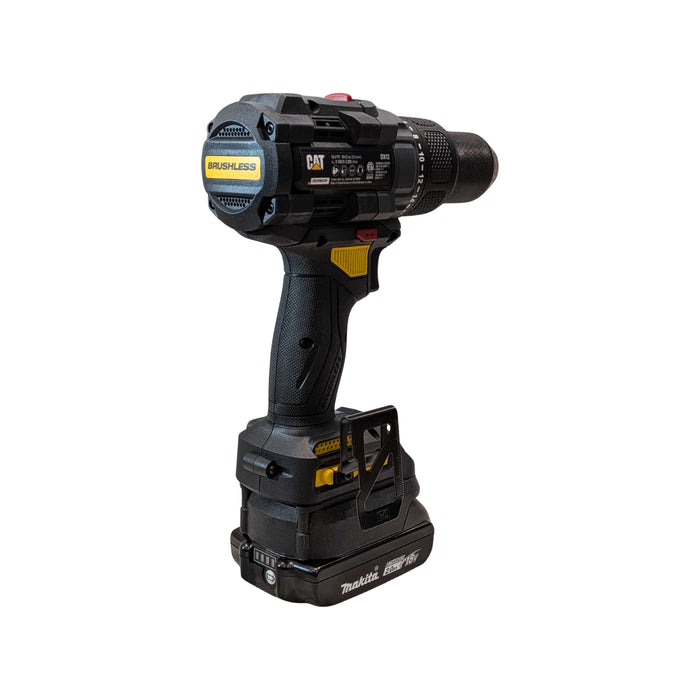 Makita 18V LXT to CAT 18V battery adapter - rear view installed on a drill driver with the battery fitted below