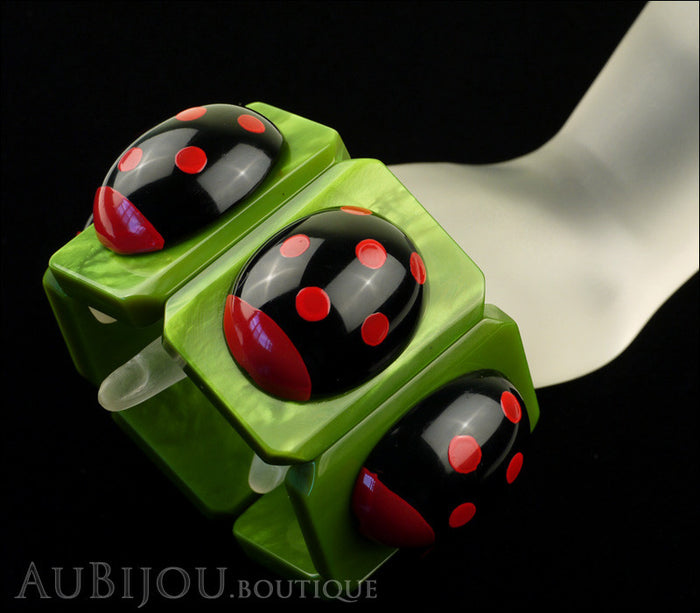 Marie-Christine Pavone Bracelet Ladybug Insect Green Black Galalith Paris France Mannequin
