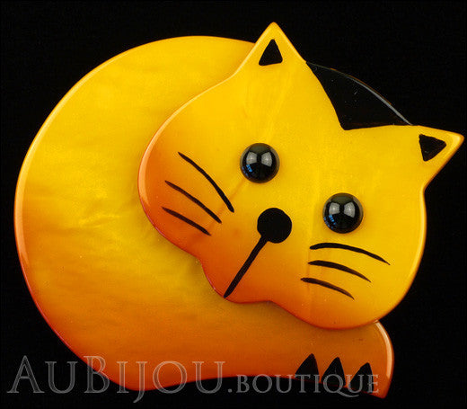 Marie-Christine Pavone Brooch Cat Roudoudou Yellow Galalith Paris France Black