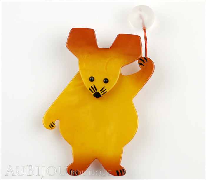 Marie-Christine Pavone Brooch Mouse With Balloon Yellow Galalith Paris France Front