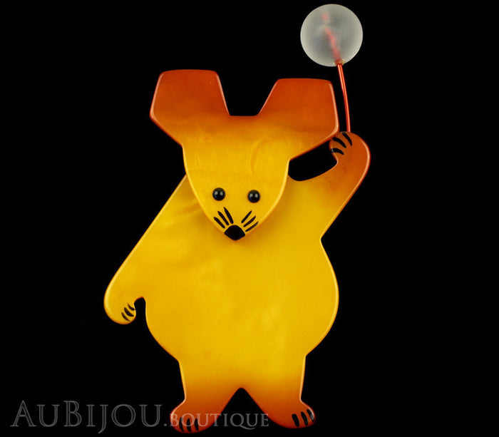 Marie-Christine Pavone Brooch Mouse With Balloon Yellow Galalith Paris France Black