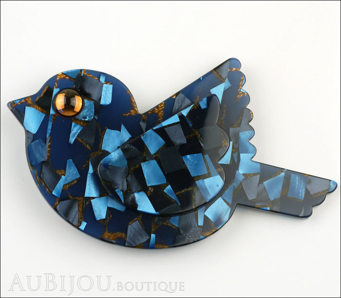 Marie-Christine Pavone Pin Brooch Bird Paloma Sparrow Blue Galalith Paris France Front