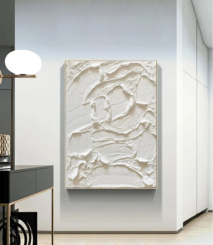White Textured Plaster Painting Minimalist Handcrafted Wall Decor