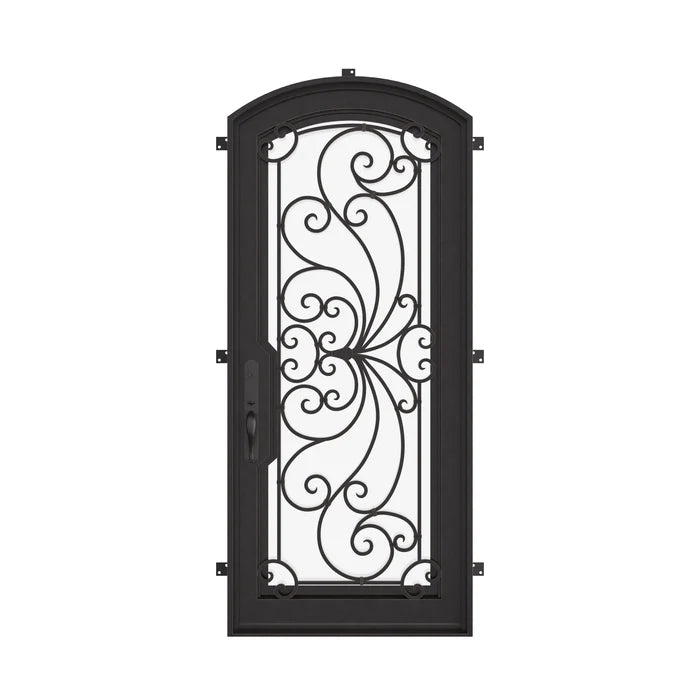 Miracle black exterior iron single arch top door with thick glass and scrollwork.
