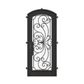 Miracle black exterior iron single arch top door with thick glass and scrollwork.