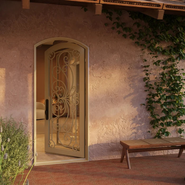 Miracle single eyebrow arch top single door with energy efficient glass in black.