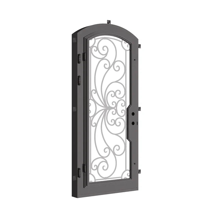 Miracle single arch top swing door with dual-pane tempered glass in black.