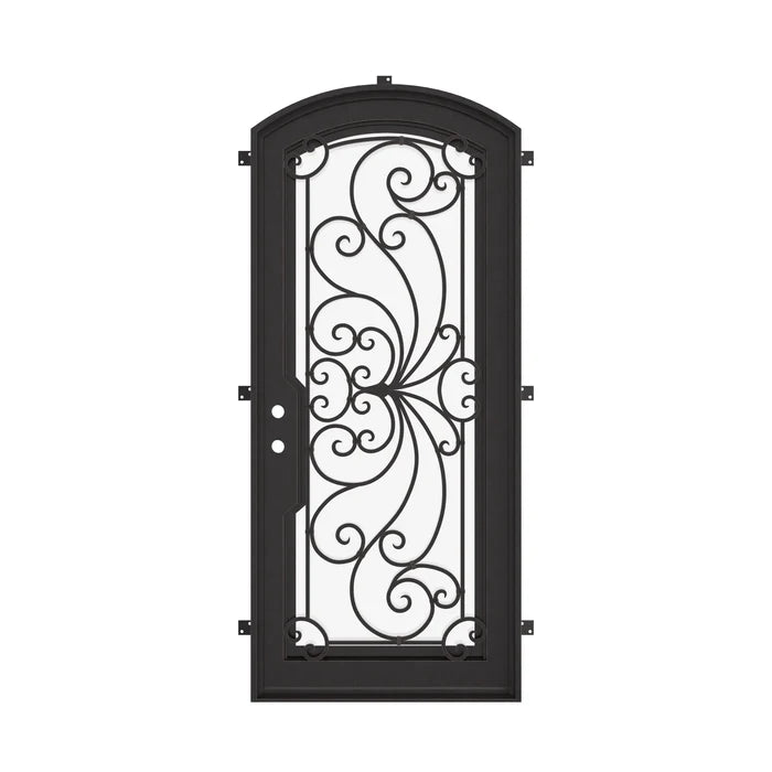 Miracle bronze color exterior wrought iron arch top door with ornate scrollwork.