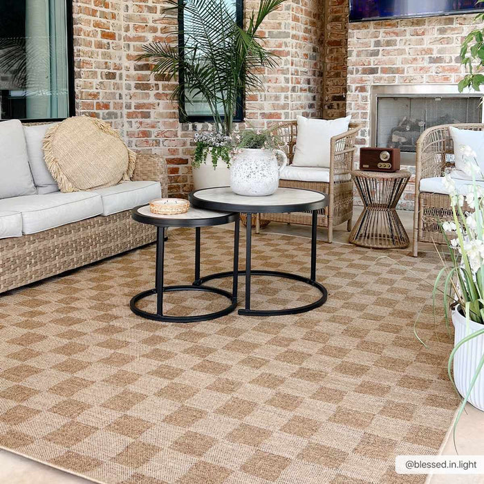 Modern Geometrical Checkered Brown and Ivory Outdoor safe Area Rug - The Rug Decor